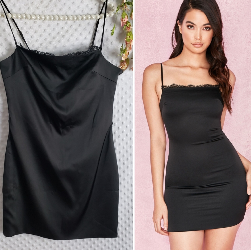 House of CB Dress Medium Black Satin Lace Mini